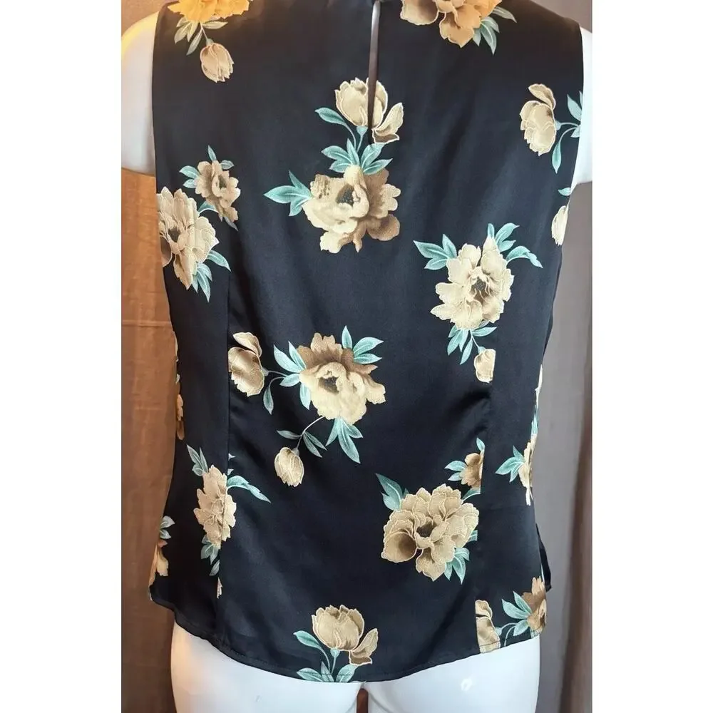 Kate Hill Silk Top Satin Black Tank Sleeveless Size 8 Floral Roses